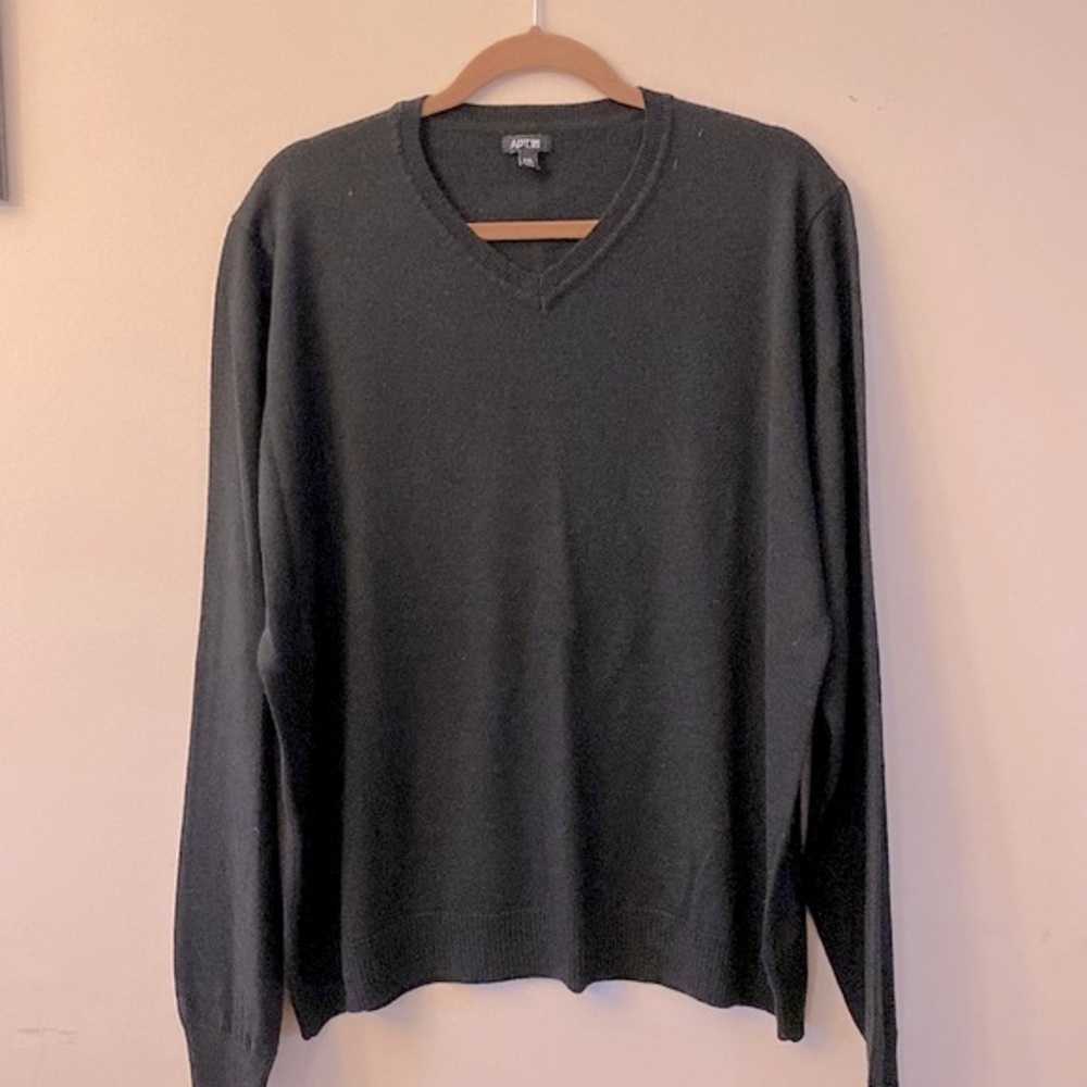 APT.9 mens solid navy V-neck Merino wool Ribbed long sleeve sweater size XXL 🌞